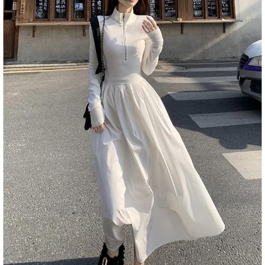 Long-Sleeve Square Neck Plain Maxi A-Line Dress