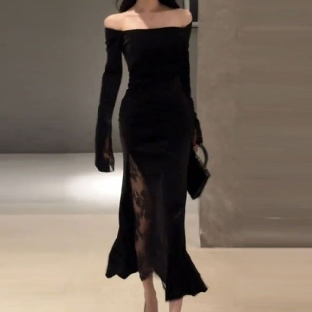 Long-Sleeve Off-Shoulder Plain Lace Trim Maxi Sheath Dress