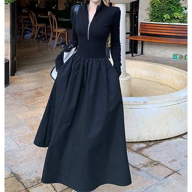 Long-Sleeve Square Neck Plain Maxi A-Line Dress