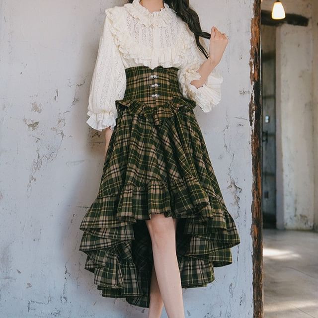 Lace Trim Blouse and Plaid Midi Skirt Set
