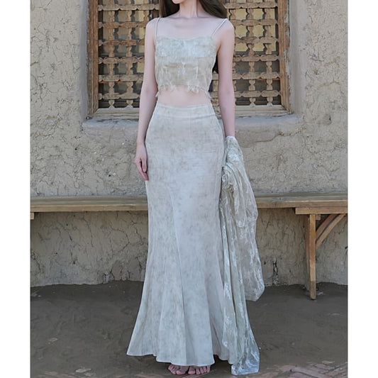 Lace Jacket, Crop Camisole, and Maxi Skirt Set