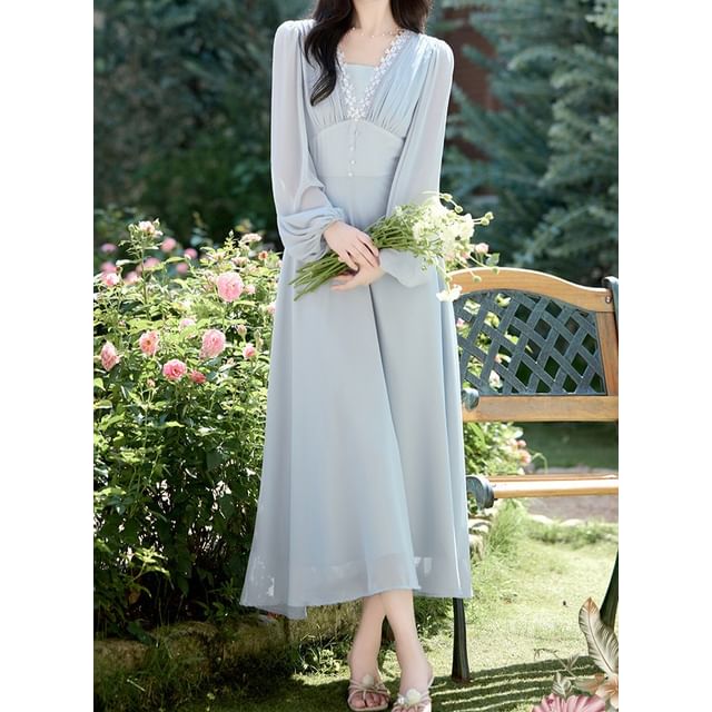 Long-Sleeve V-Neck Plain Lace Trim Maxi A-Line Dress