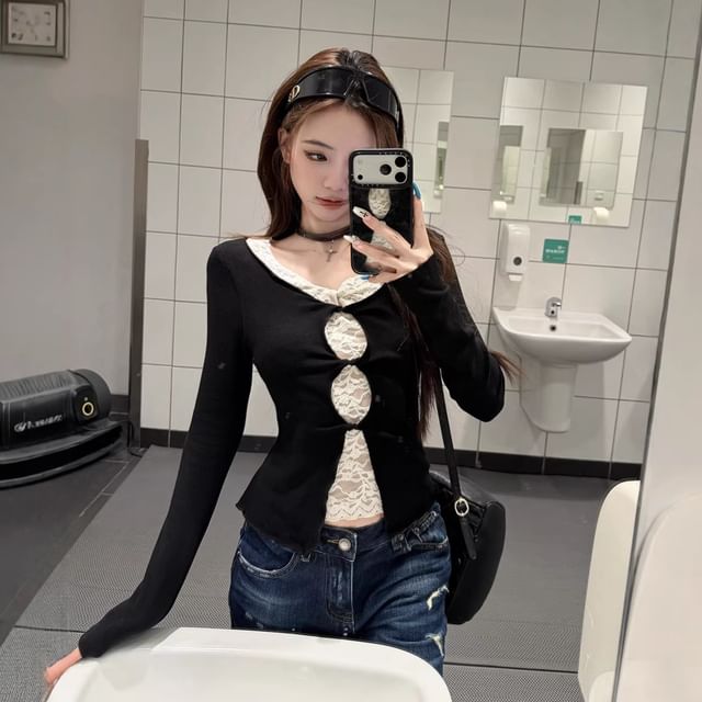Mock Two-Piece Lace Panel Top with V-Neck and Long Sleeves