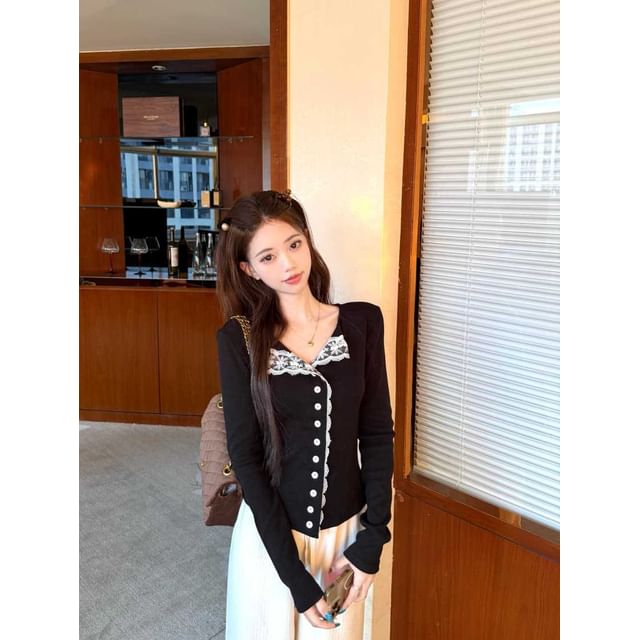 Open Placket Lace Top with Button Panel and Long Sleeves
