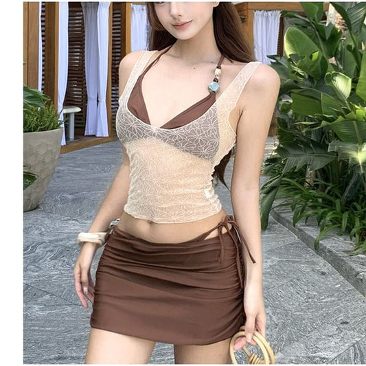Scoop Neck Crop Tank, Beaded Bikini, and Cover-Up Skirt Set