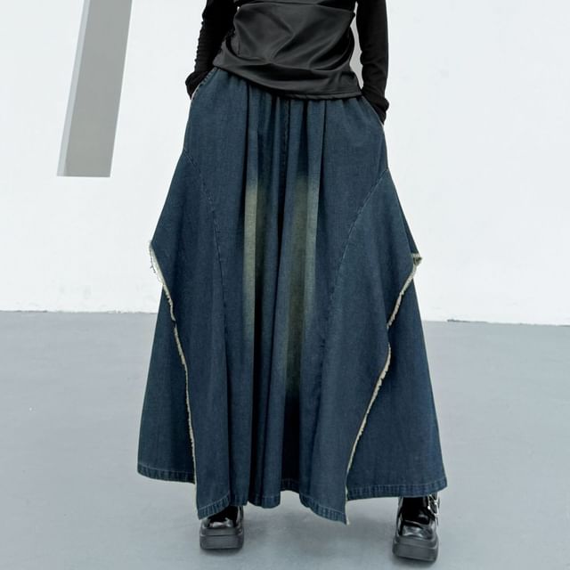 Elastic Waist Washed Frayed Slit Denim Culottes
