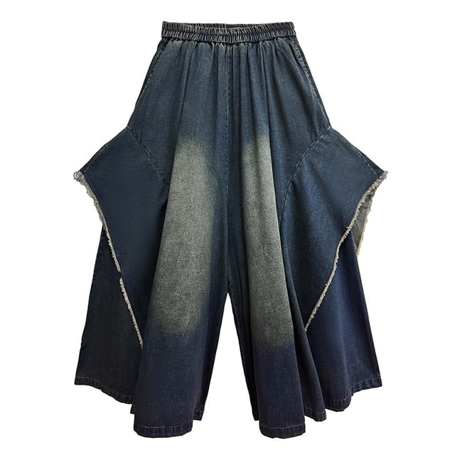 Elastic Waist Washed Frayed Slit Denim Culottes