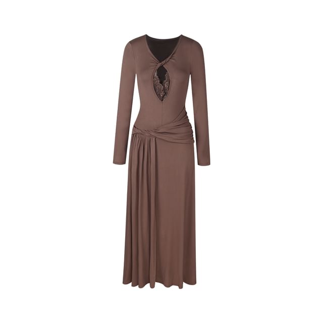 Long Sleeve V-Neck Plain Keyhole Ruched Panel Lace Maxi A-Line Dress
