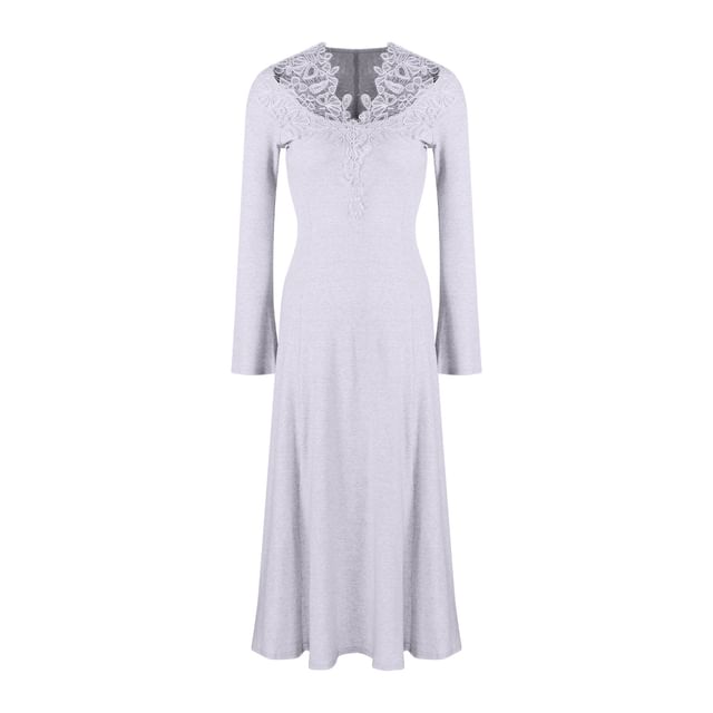 Long Sleeve V-Neck Plain Panel Lace Maxi A-Line Dress