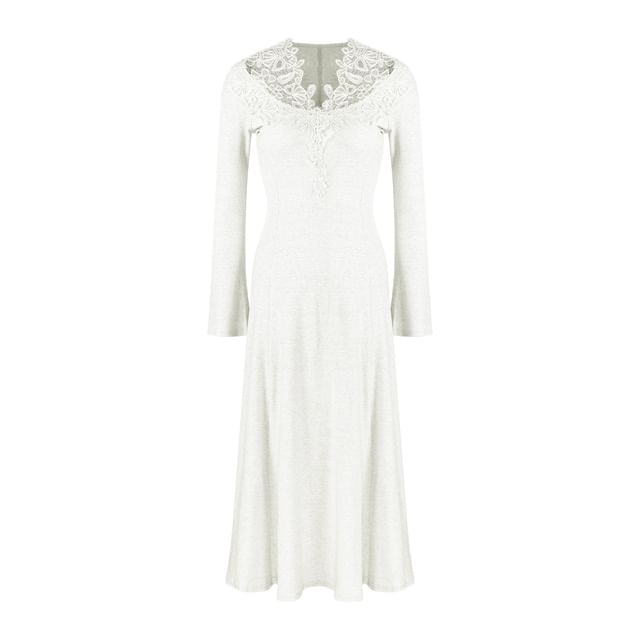 Long Sleeve V-Neck Plain Panel Lace Maxi A-Line Dress