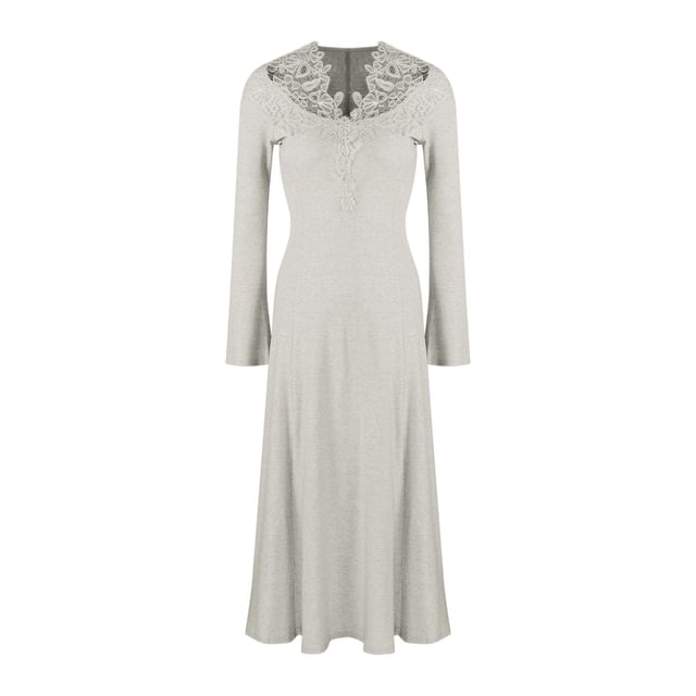 Long Sleeve V-Neck Plain Panel Lace Maxi A-Line Dress
