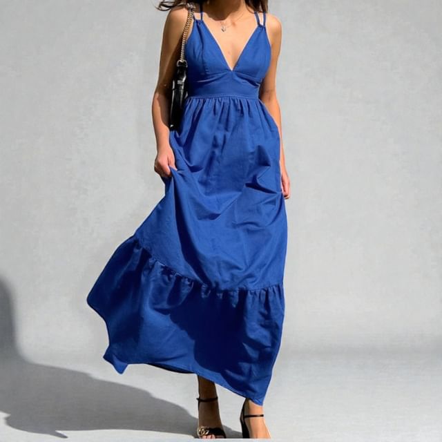 Spaghetti Strap V-Neck Plain Open-Back Maxi A-Line Dress