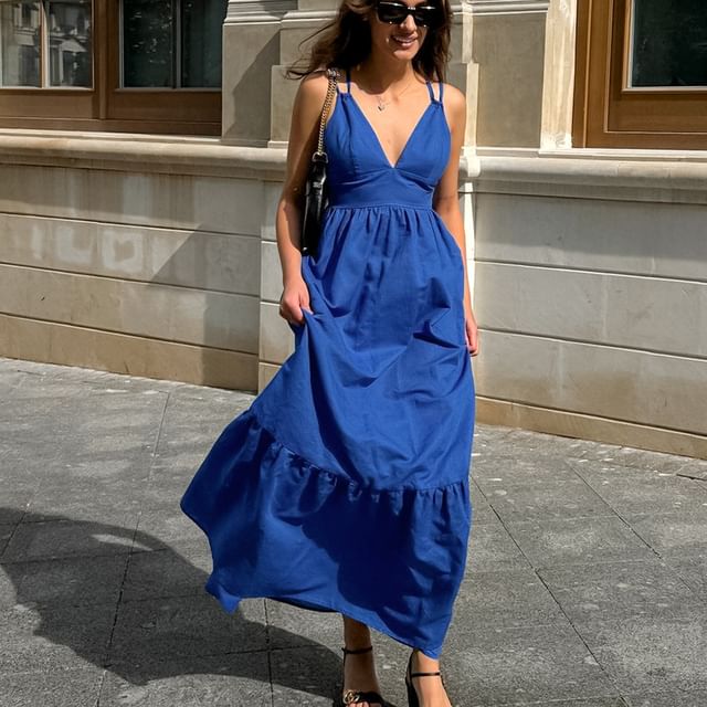 Spaghetti Strap V-Neck Plain Open-Back Maxi A-Line Dress