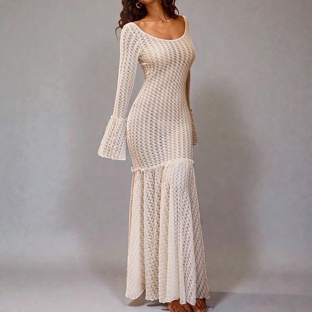 Bell Sleeve Scoop Neck Plain Open-Back Crochet Knit Maxi Dress