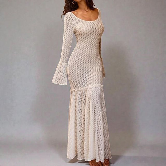 Bell Sleeve Scoop Neck Plain Open-Back Crochet Knit Maxi Dress