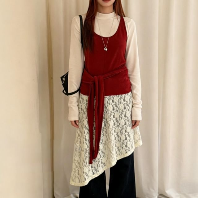 Multi-Piece Set: Tee, Camisole, & Floral Lace Skirt