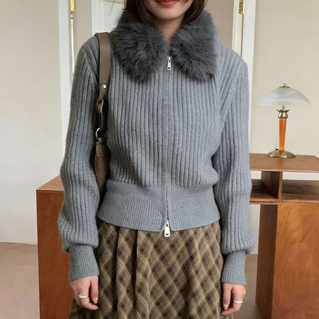 Furry Trim Plain Zip-Up Cardigan