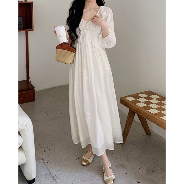 Maternity Long-Sleeve U-Neck Plain Maxi A-Line Dress