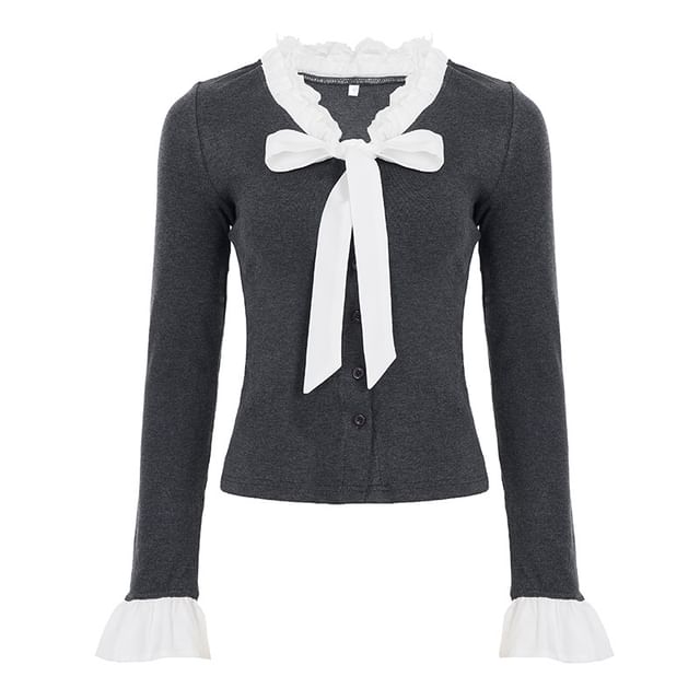 Knit Top with Lace Trim V-Neck and Button Closure