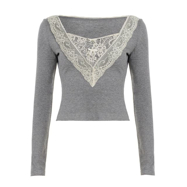 Square-Neck Tee with Lace Trim and Long Sleeves