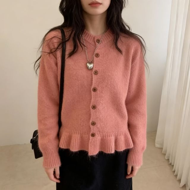 Button-Up Plain Crop Cardigan