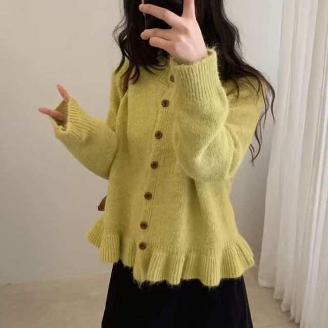 Button-Up Plain Crop Cardigan