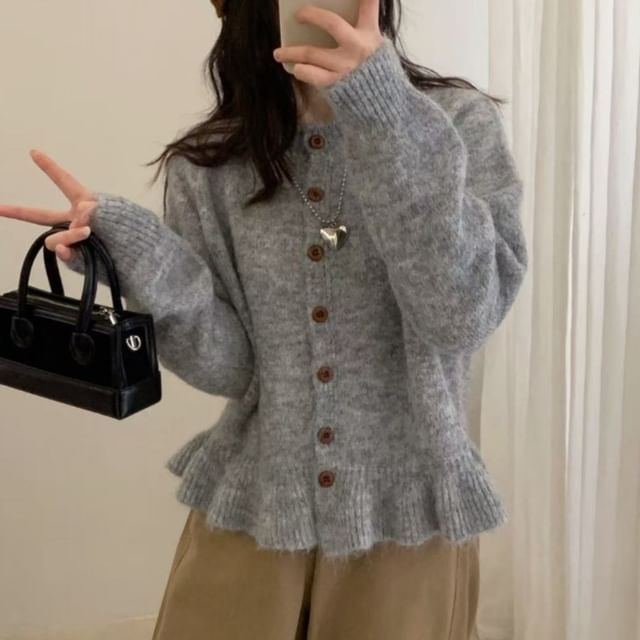 Button-Up Plain Crop Cardigan