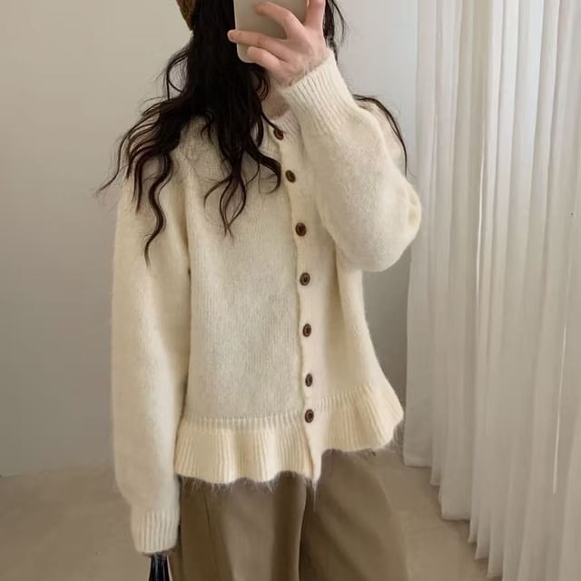 Button-Up Plain Crop Cardigan