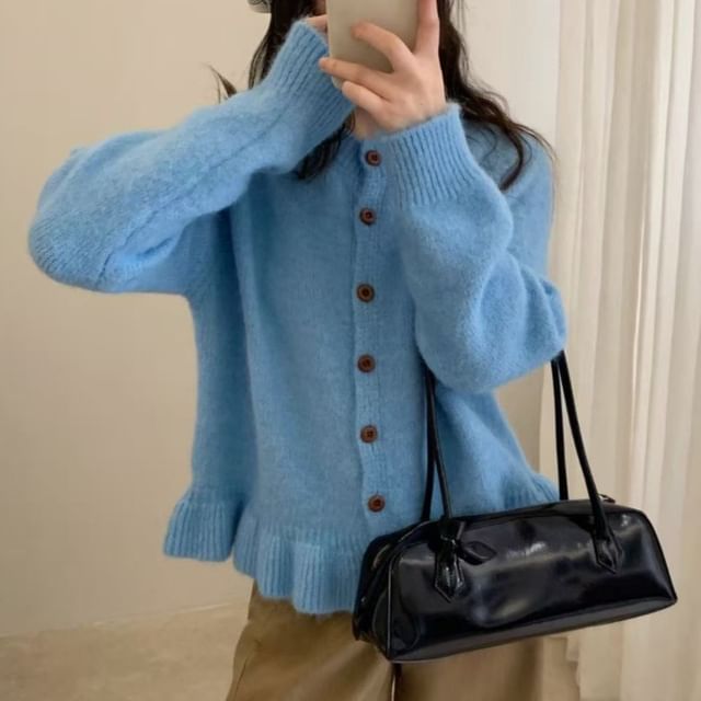 Button-Up Plain Crop Cardigan