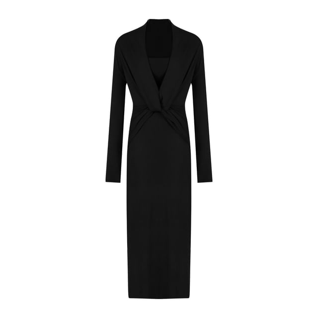 Set: Long-Sleeve V-Neck Plain Ruched Maxi Sheath Dress + Crop Tube Top