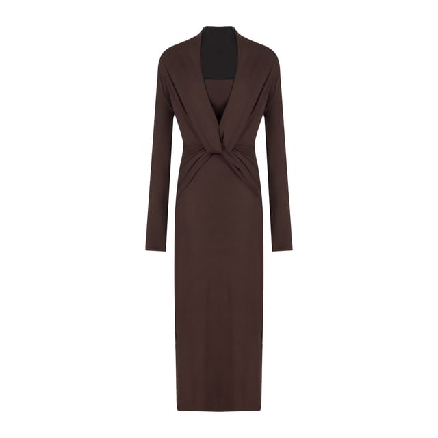 Set: Long-Sleeve V-Neck Plain Ruched Maxi Sheath Dress + Crop Tube Top