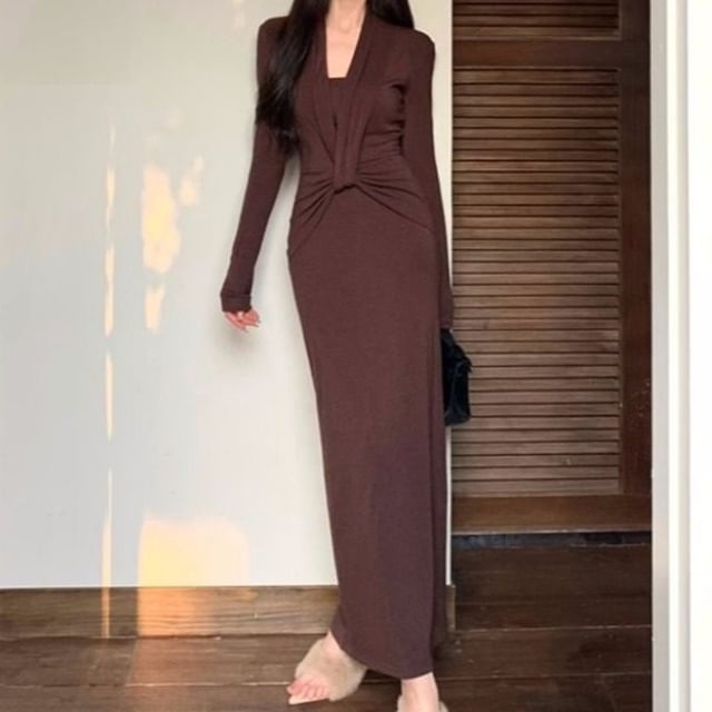 Set: Long-Sleeve V-Neck Plain Ruched Maxi Sheath Dress + Crop Tube Top