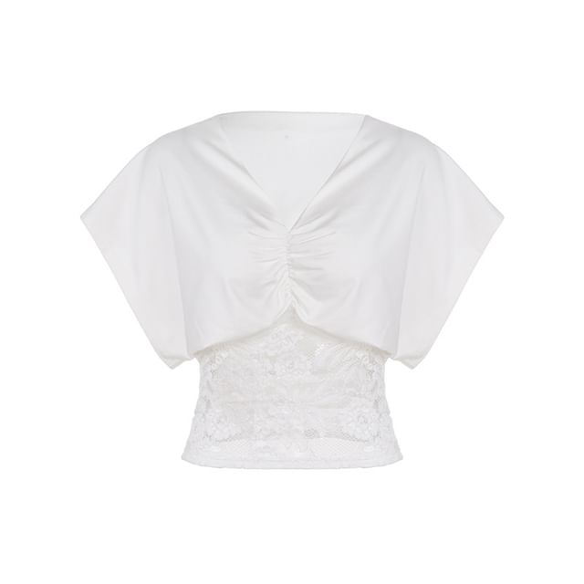 Short Sleeve V-Neck Ruched Lace Panel Crop Top
