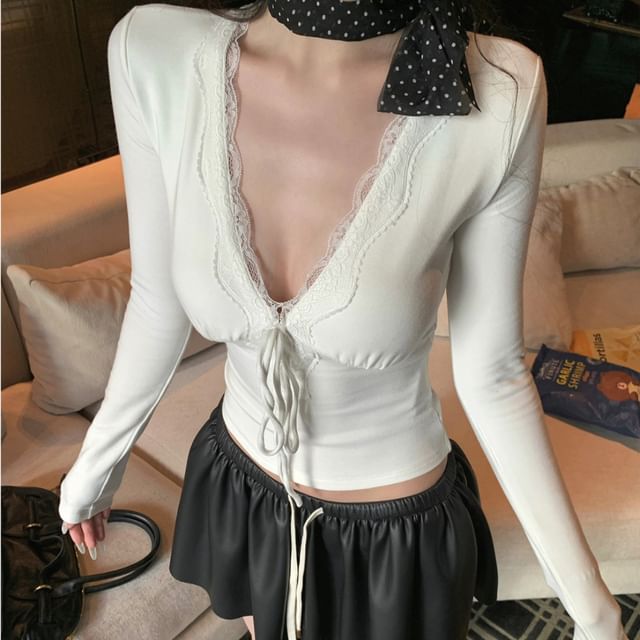 V-Neck Long Sleeve Lace Trim Top