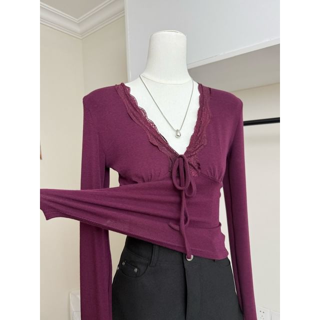 V-Neck Long Sleeve Lace Trim Top