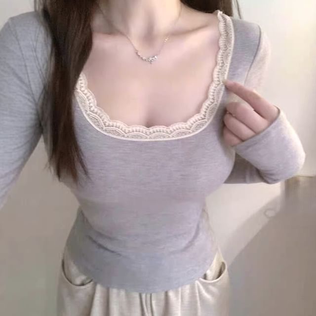 Square Neck Long Sleeve Lace Trim Top