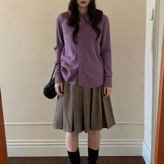 Collared Plain Lace Trim Button Up Cardigan