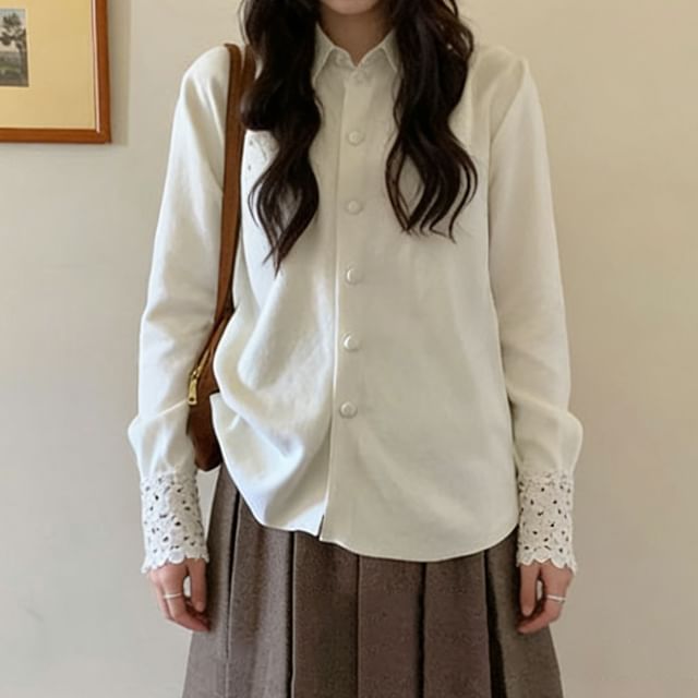 Collared Plain Lace Trim Button Up Cardigan