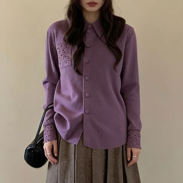 Collared Plain Lace Trim Button Up Cardigan