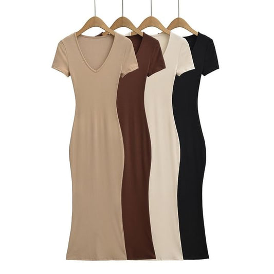 Short-Sleeve V-Neck Plain Maxi Sheath Dress