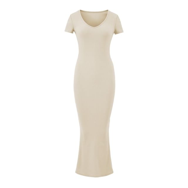 Short-Sleeve V-Neck Plain Maxi Sheath Dress