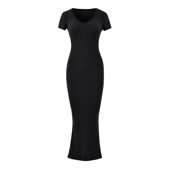 Short-Sleeve V-Neck Plain Maxi Sheath Dress