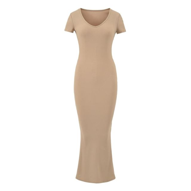 Short-Sleeve V-Neck Plain Maxi Sheath Dress