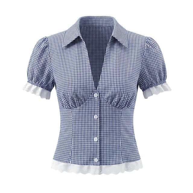 Micro Check Lace Trim Shirt & Mini Pleated Skirt