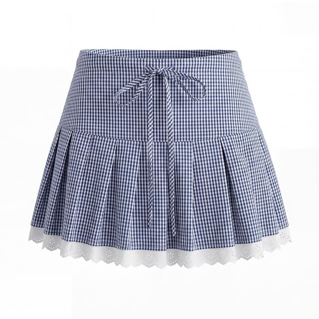 Micro Check Lace Trim Shirt & Mini Pleated Skirt