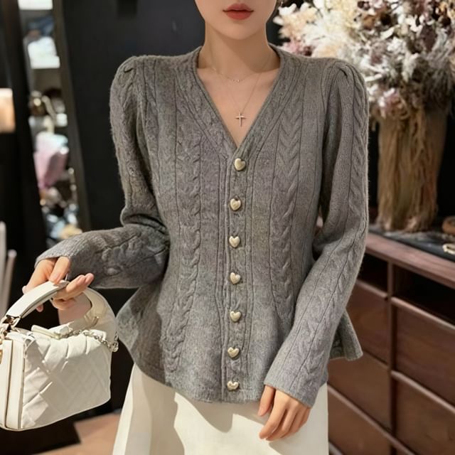 V-Neck Button-Up Plain Cable Knit Peplum Cardigan