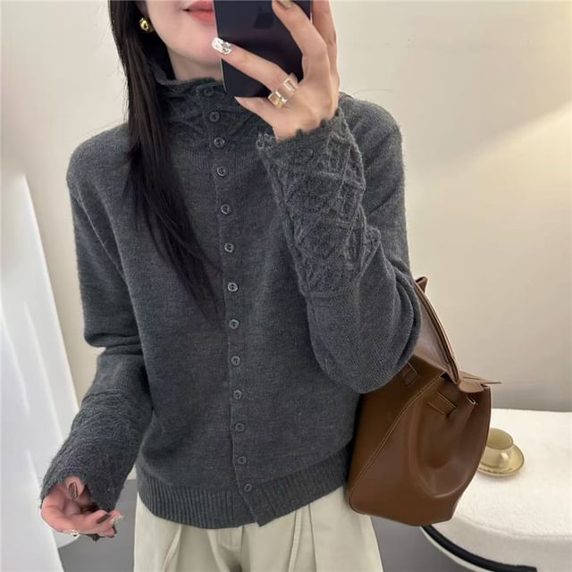 Stand Collar Crochet Knit Panel Button-Up Plain Cardigan