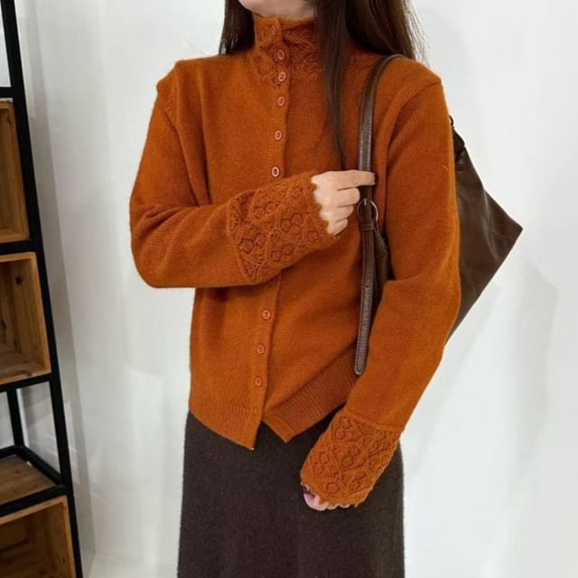 Stand Collar Crochet Knit Panel Button-Up Plain Cardigan