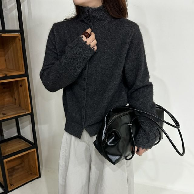 Stand Collar Crochet Knit Panel Button-Up Plain Cardigan