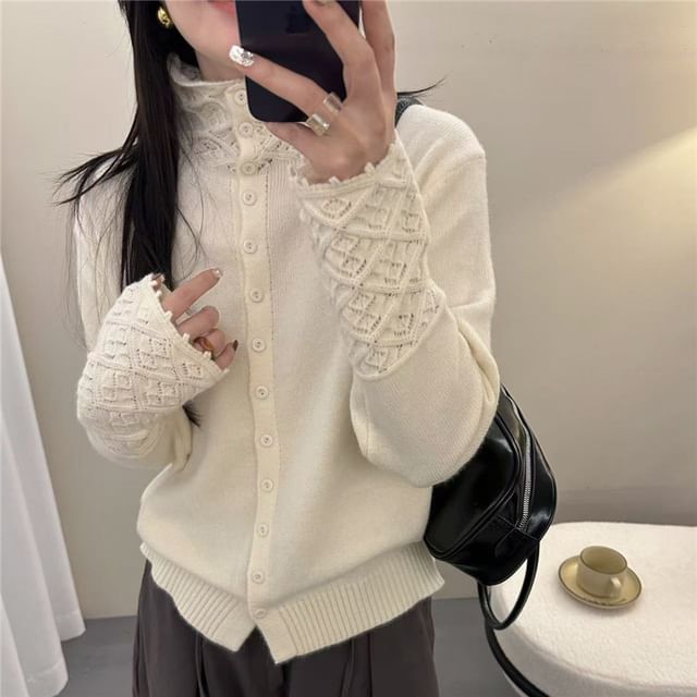 Stand Collar Crochet Knit Panel Button-Up Plain Cardigan